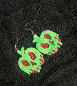 Glittery Poison Apple Skull Earrings