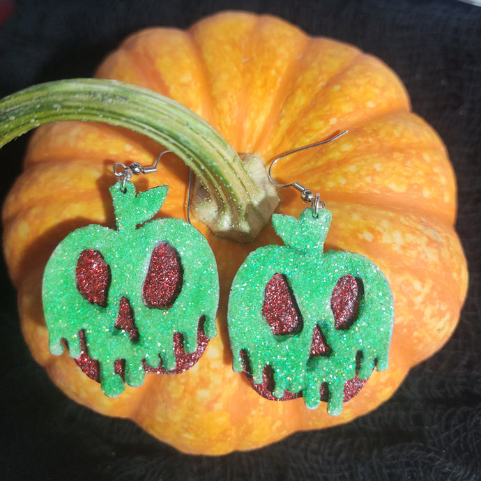 Glittery Poison Apple Skull Earrings